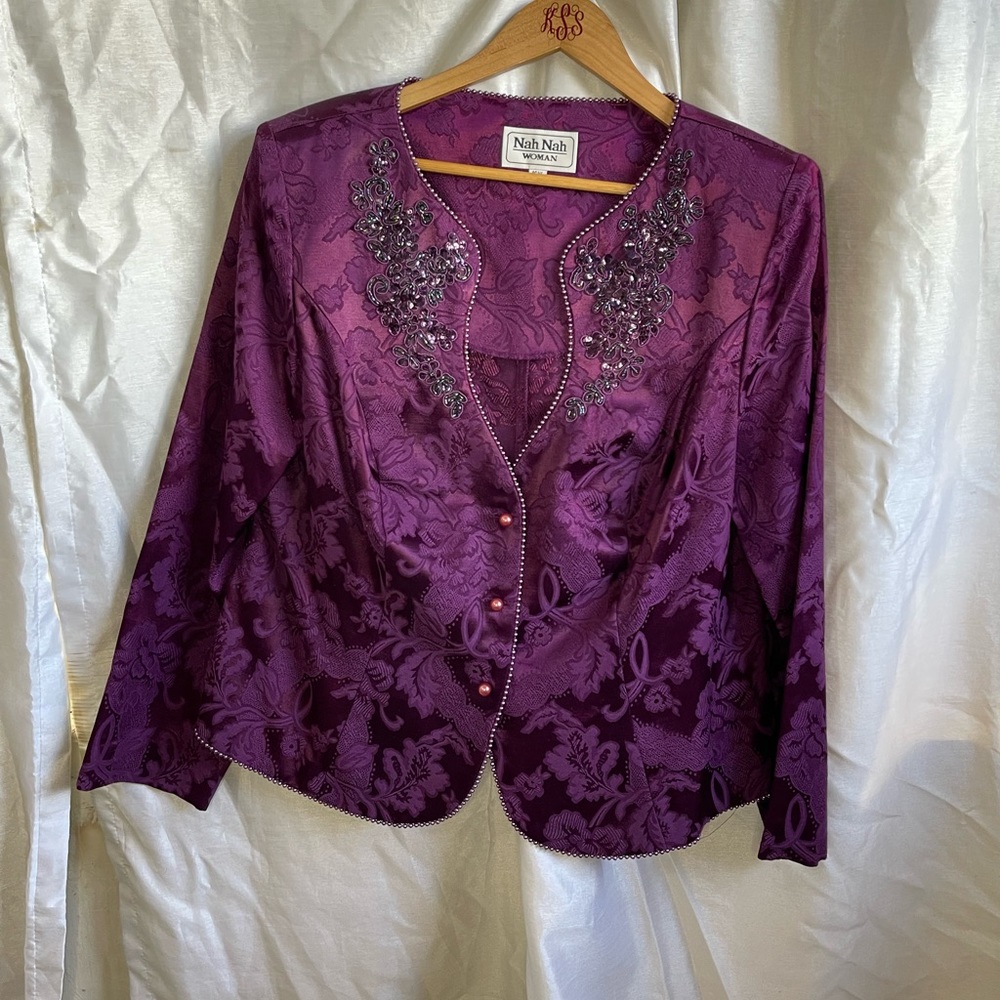 Plus Size VTG 90’s Royal Purple Sequin Pearl Beaded Holiday Party Blazer Jacket